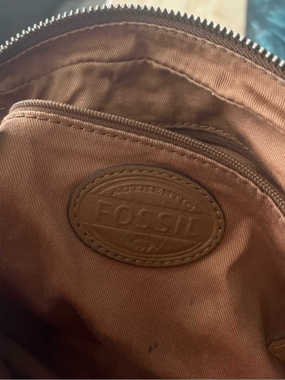 Fossil Riley Caramel Brown Leather Crossbody with Front Buckle Pockets - Picture 13 of 16